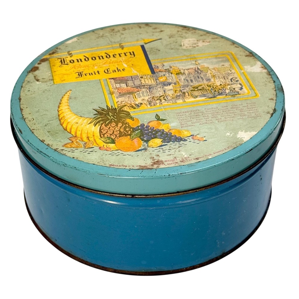 Vintage‎ Londonderry Rum Brandy Fruit Cake Tin Blue Round Metal Box Brooklyn NY